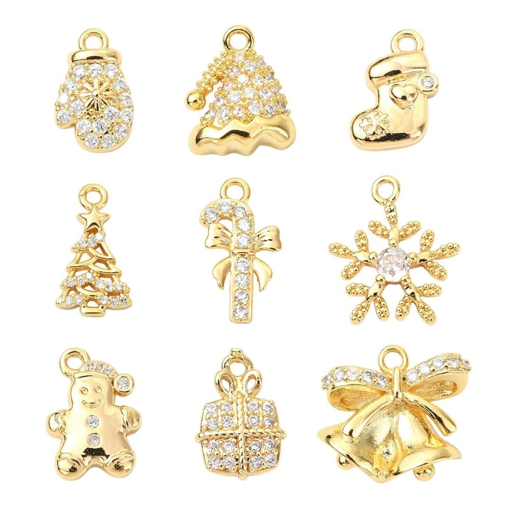 3886 9 pcs 9 Styles Brass Cubic Zirconia Christmas Theme Charms Xmas Bell